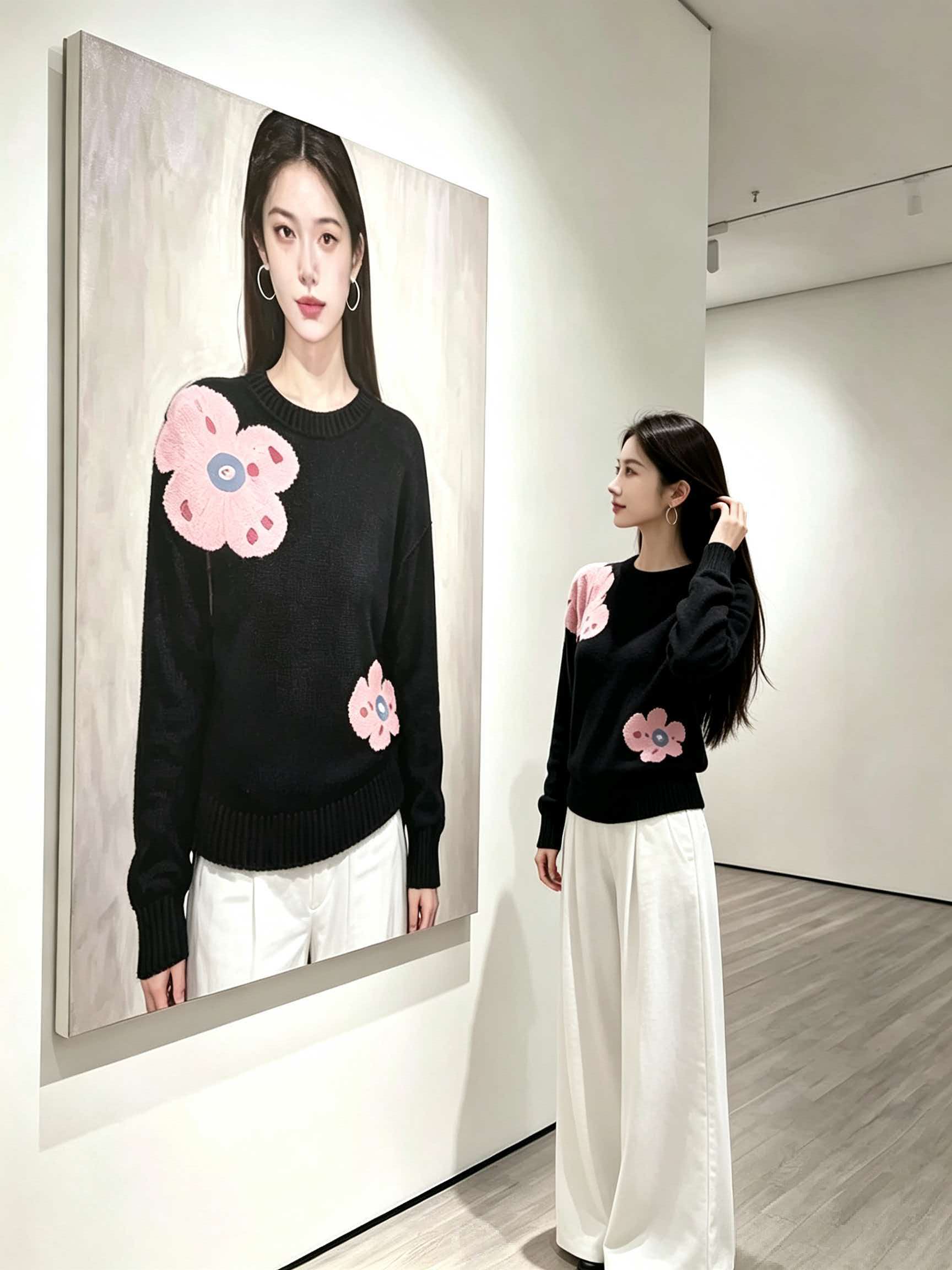 Women's Black Jacquard Knit Pullover Sweater 2026 Fall Winter - Image 4