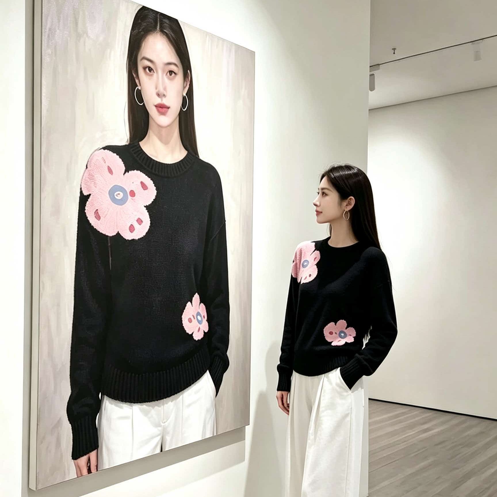 Women's Black Jacquard Knit Pullover Sweater 2026 Fall Winter - Image 5